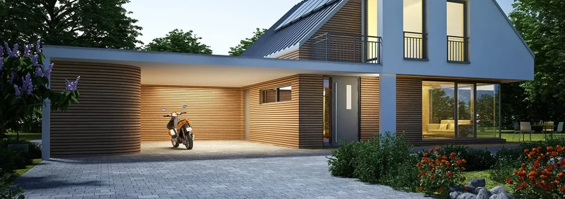 Haus Zinkdach mit Carport Abend